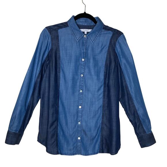 Foxcroft Women's Button-up Shirt Tencel Long Sleeve Shirt Color Block Retro - Picture 12 of 13